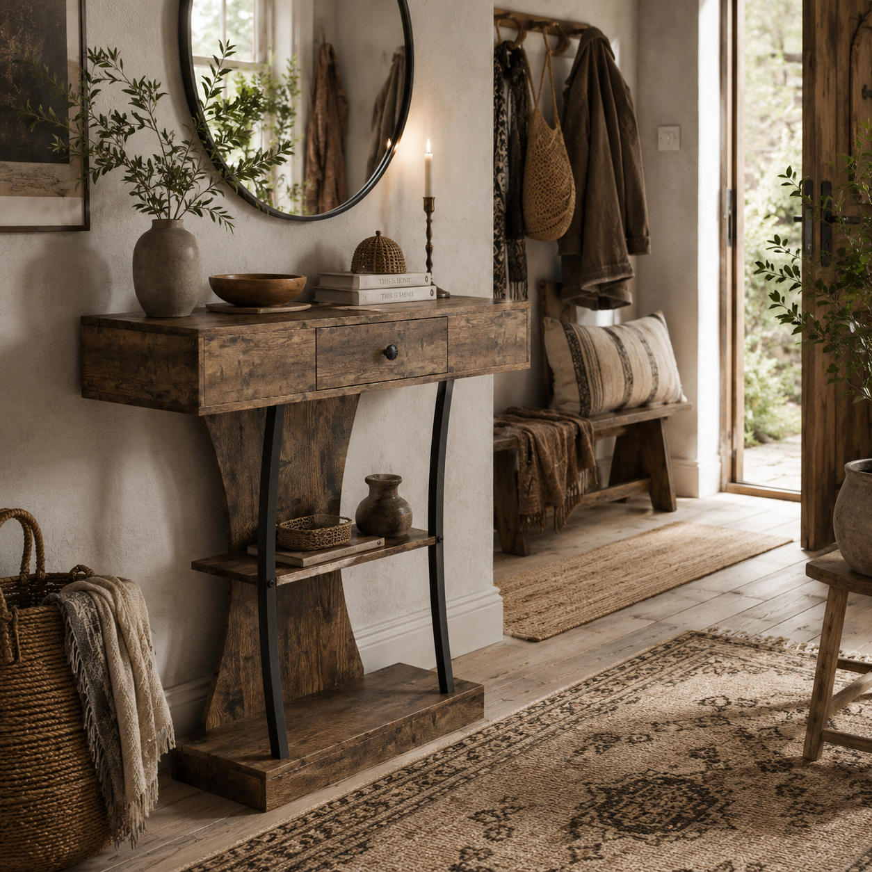Rasana Metal And Wooden Rustic Brown 3 Tier Console Table With Drawer And Shelves