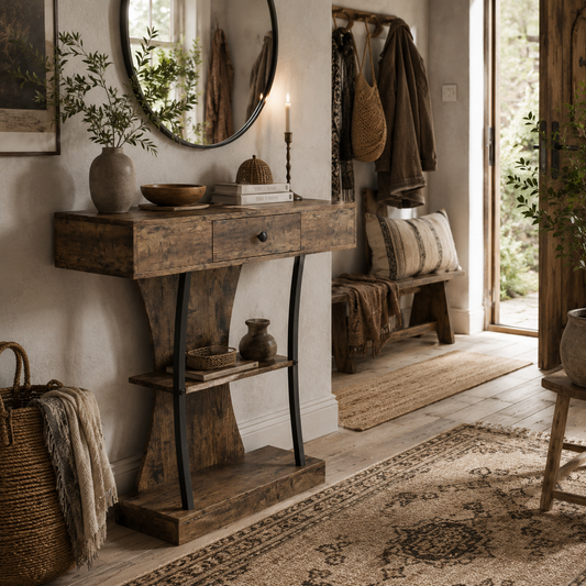 Rasana Metal And Wooden Rustic Brown 3 Tier Console Table With Drawer And Shelves