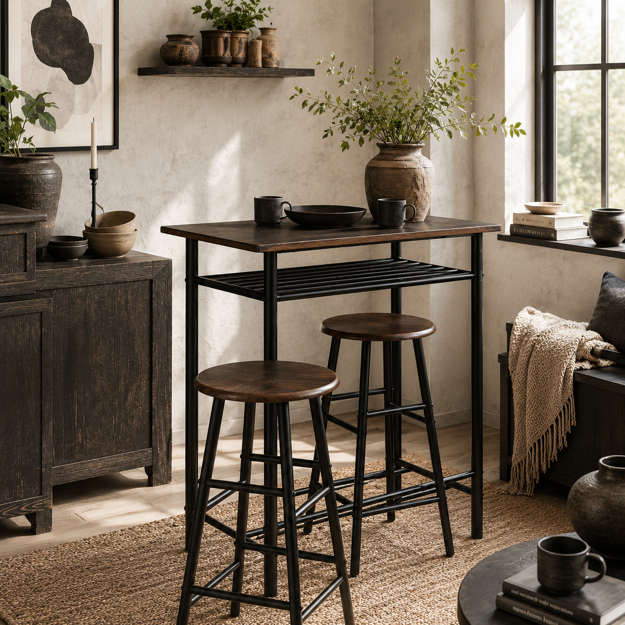 Yoliba Metal And Wooden Black And Oak Breakfast Bar Table And Stool Set With Storage Shelving