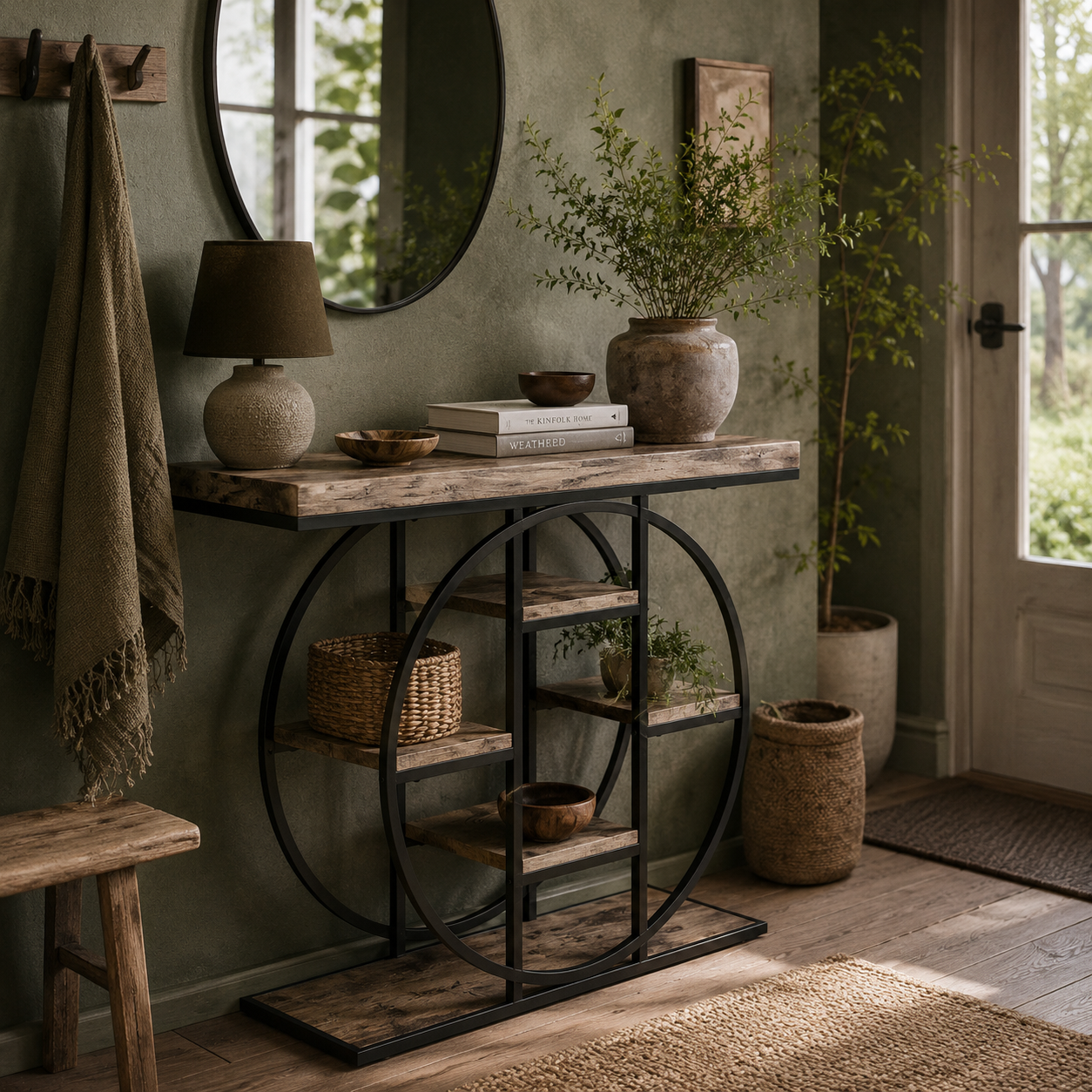 Reyore Metal And Wooden Rustic Brown Industrial Console Table With OFauxn Shelving