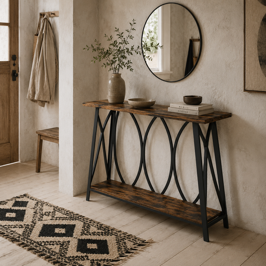 Raneve Metal And Wooden Rustic Brown 2 Tier Industrial Console Table 120 x 30 x 80cm