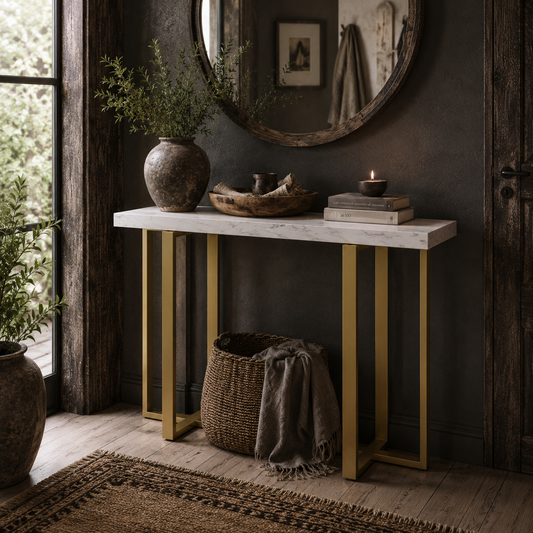 Larose Metal And Faux Marble White Narrow Console Table With Anti Tip Steel Frame 100 cm