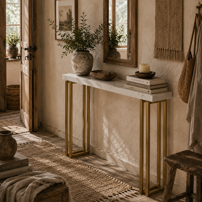 Mahota Metal And Faux Marble White Slim Entryway Console Table With Safety Bracing