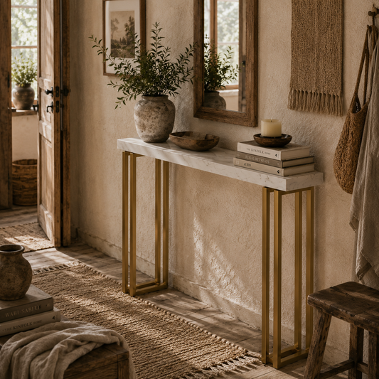 Mahota Metal And Faux Marble White Slim Entryway Console Table With Safety Bracing