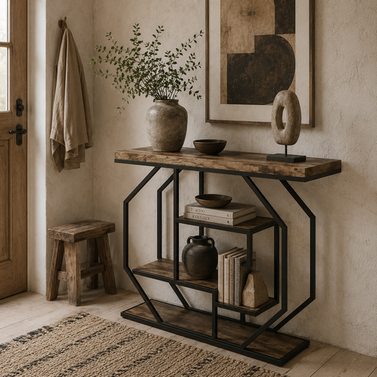 Reello Metal And Wooden Rustic Brown 4 Tier Industrial Console Table