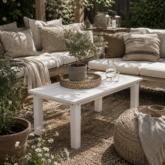 Harota Wooden White Outdoor Rectangular Coffee Table With Slatted Top For Garden And Balcony Use