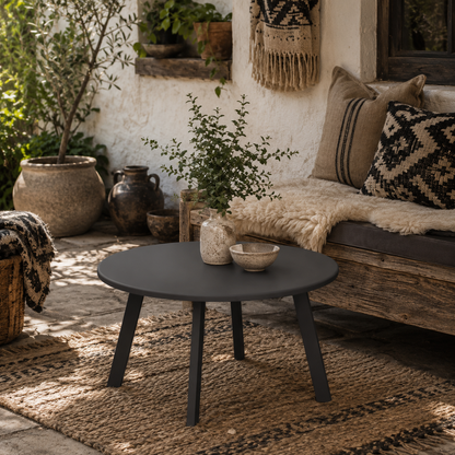 Ludove Metal And Glass Black Round Outdoor Coffee Table With Non Slip Feet 70cm