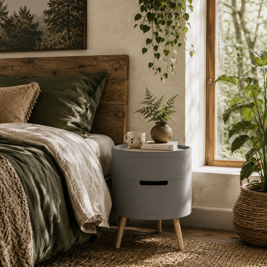 Pano Wooden Grey Round 3 Tier Bedside Table With Hidden Storage And Tray Top