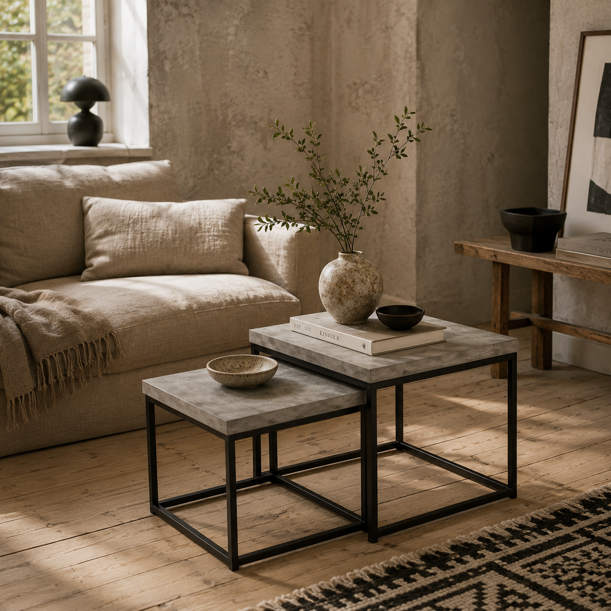 Keco Wooden Grey Set Of 2 Nesting Coffee Tables With Thick Tabletops