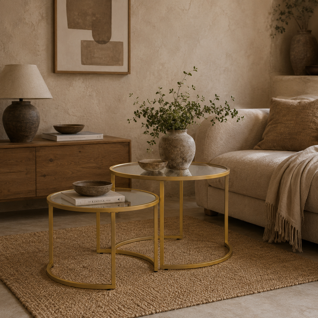 Sosuba Metal And Glass Gold Tone Set Of 2 Modern Nesting Coffee Tables