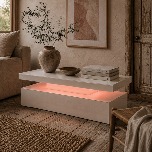 Lomoyo cm High Gloss White LED Coffee Table With Integrated Storage