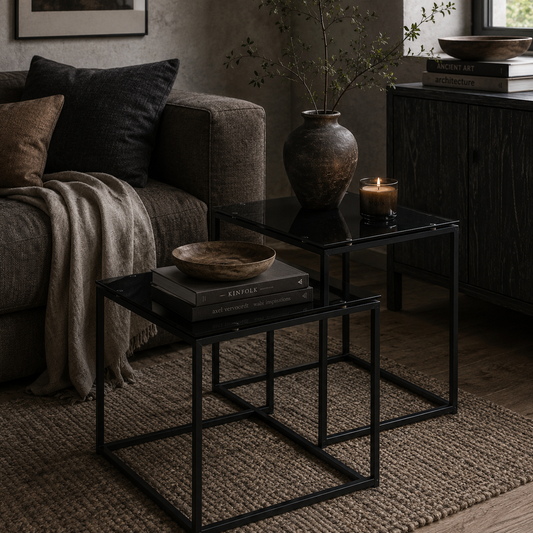 Raviccu Metal And Glass Black Set Of 2 Nesting Coffee Tables With TemFauxred Glass Tops