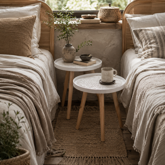 Coma Paba Wood White Set Of 2 Round Bedside Tables With Carved Tray Tops And Solid Legs