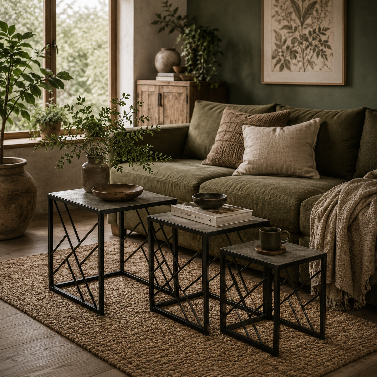 Safi Metal And Wood Grey Set Of 3 Square Nesting Side Tables With Black Frame
