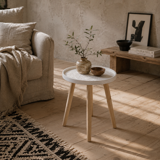 Nona Wood White Round Coffee Table With Carved Floral Tray Top