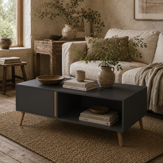Panedi Wooden Grey Rectangular Coffee Table With Storage Compartments And Cabinets