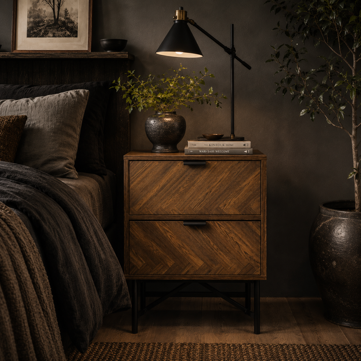 Lipana Wood Walnut Brown 2 Drawer Bedside Table With Metal Handle Detail