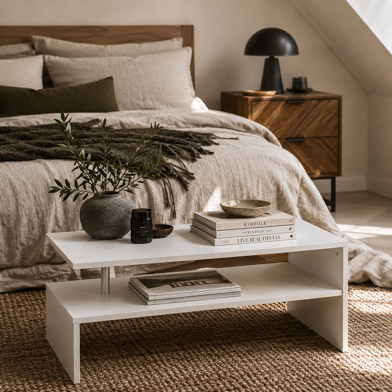 Vifama Wooden White 2 Tier Coffee Table With Open Shelving And Aluminium Supports