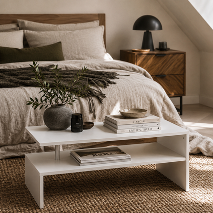 Vifama Wooden White 2 Tier Coffee Table With Open Shelving And Aluminium Supports