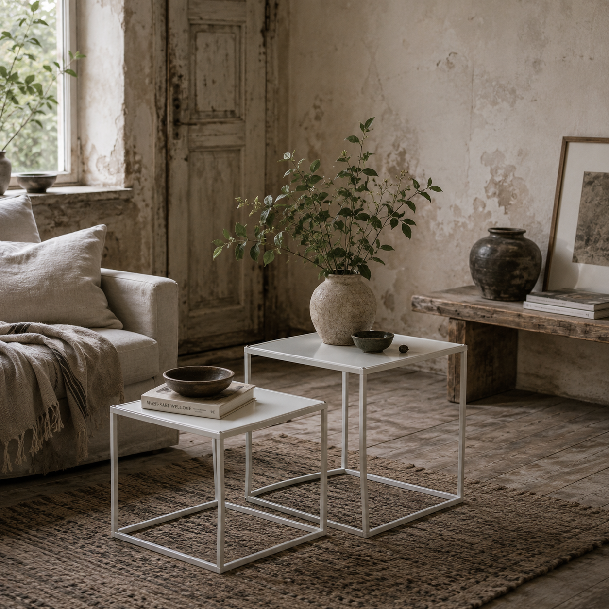 Ekmone  Metal And Wood White Square Nesting Coffee Tables Set Of 2