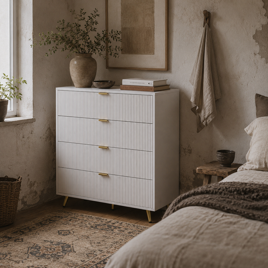 Refa Wooden White Elegant 4 Drawer Bedside Storage Table