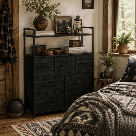 Latoli Fabric And Wood Black 7 Drawer Rustic Storage Chest