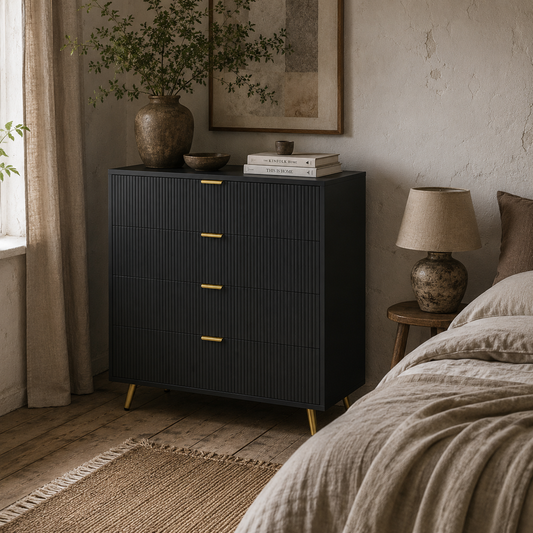 Disu Wooden Black Elegant 4 Drawer Bedside Storage Table