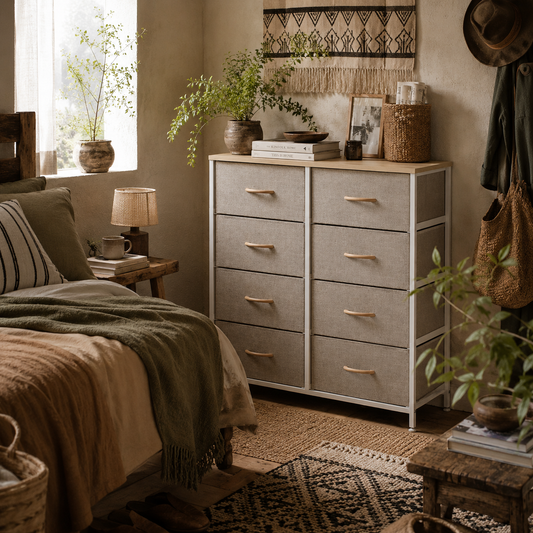 Panora Metal And Fabric Maple Wood Effect 8 Drawer Industrial Storage Dresser