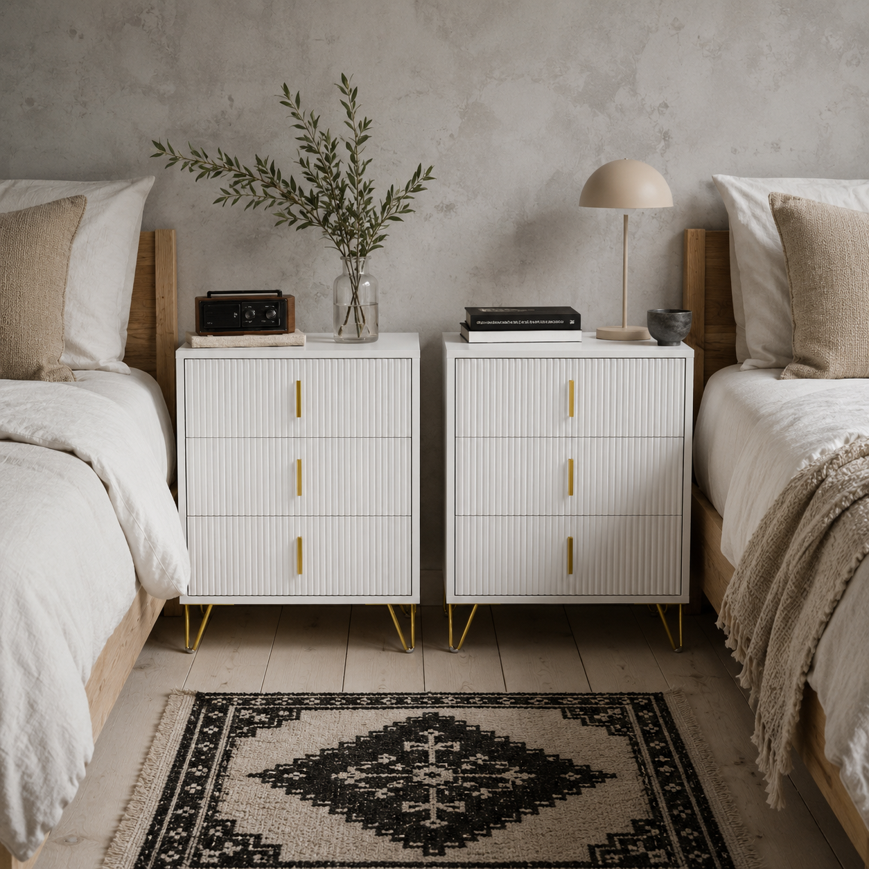 Renina Set Of 2 Wooden White and Gold Tone 3 Drawer Elegant Storage Bedside Tables