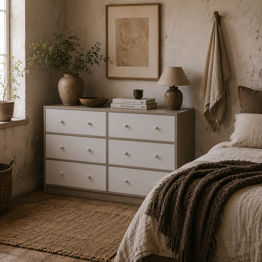 Nafiso Fabric And Wood White And Grey 6 Drawer Storage Dresser