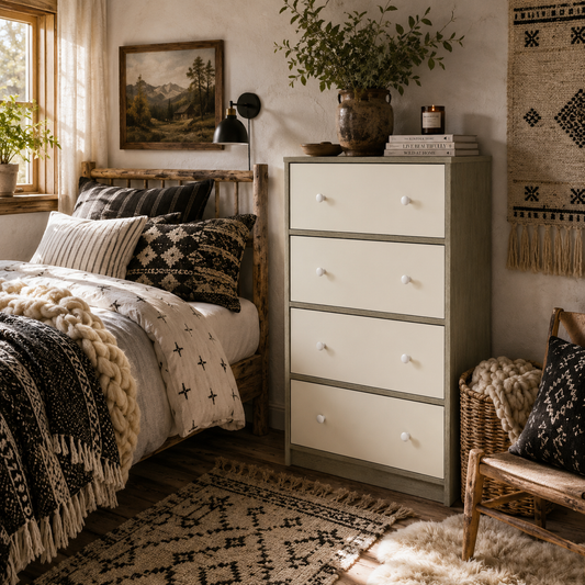 Cottola Fabric And Metal White And Grey 4 Drawer Storage Dresser