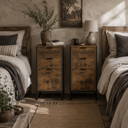 Naba Metal and Wood Rustic Brown Set Of 2 Industrial 3 Drawer Storage Bedside Tables
