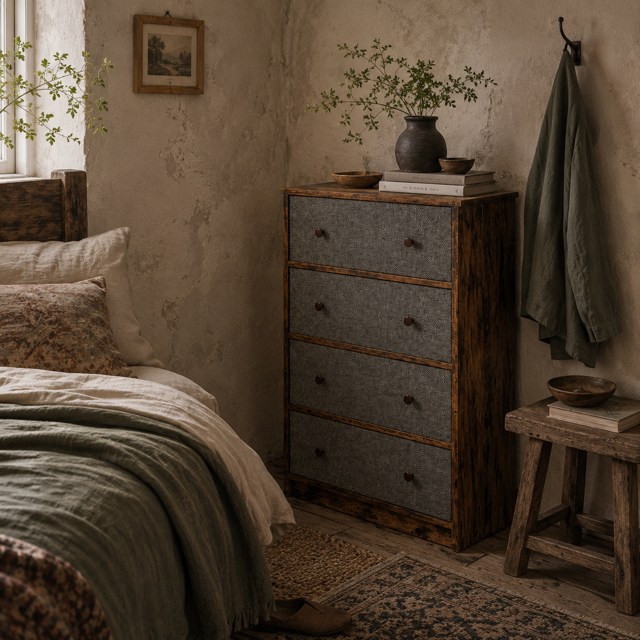 Sovise Fabric And Wood Grey And Rustic Brown 4 Drawer Storage Dresser