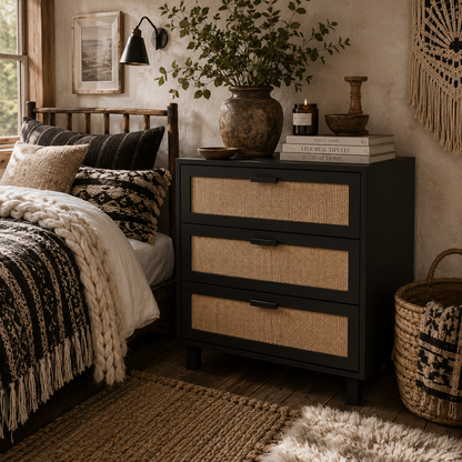 Yorami Wood And Rattan Black 3 Drawer Boho Storage Chest