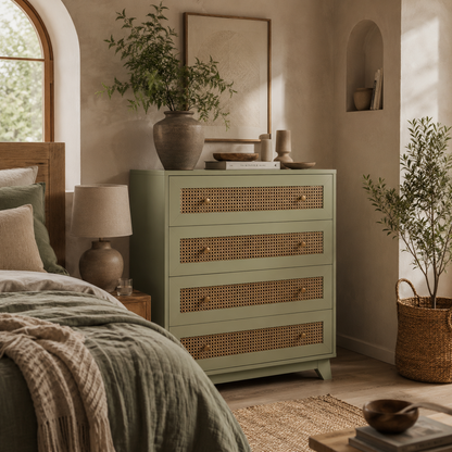 Raritte Wood And Rattan Light Green 4 Drawer Storage Chest With Woven Detail