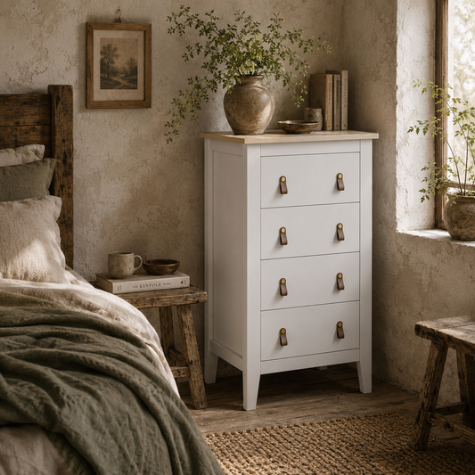 Rasusa Metal And Wood White 4 Drawer Modern Storage Chest With Faux Leather Handles 60 x 40 x 98 cm