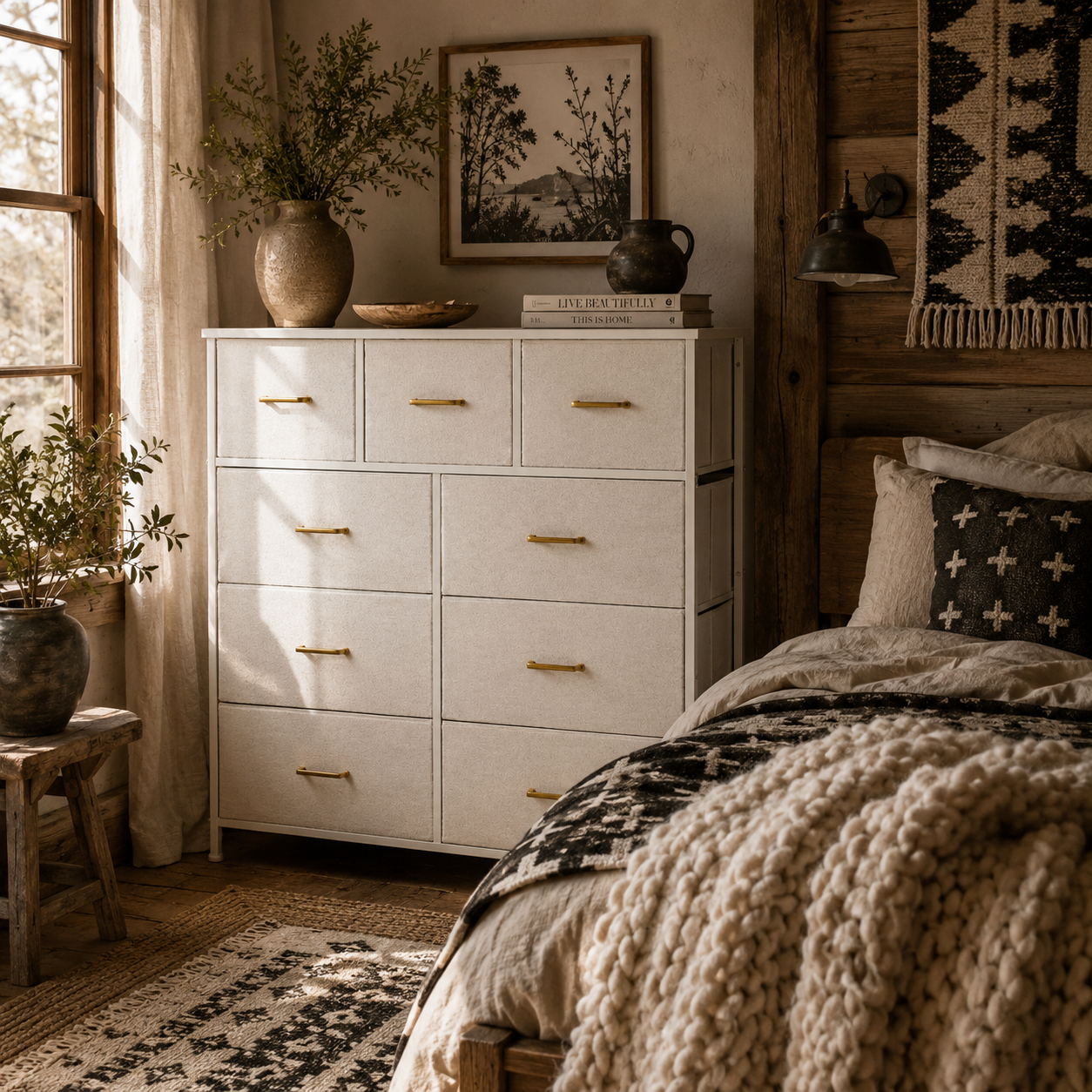 Tafi Metal And Fabric Cream White 9 Drawer Boucle Storage Chest With Steel Frame