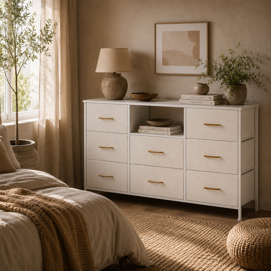 Haso Metal And Fabric Cream White 8 Drawer Boucle Storage Chest With Charging Station