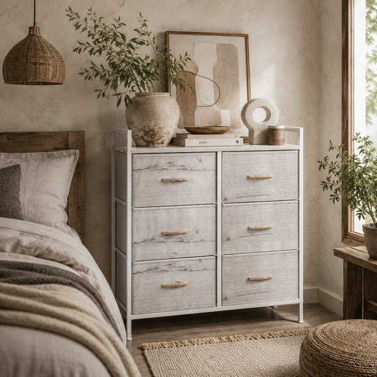 Fisufi Fabric And Wood Natural Finish 6 Drawer Rustic Storage Chest