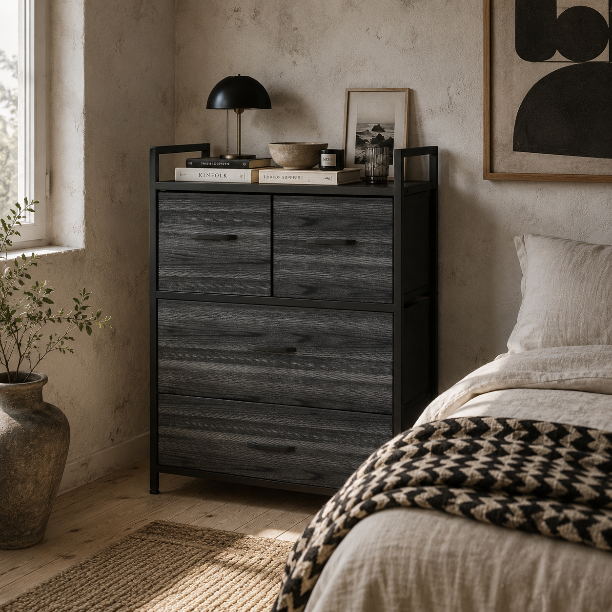 Kele Fabric And Wood Black 4 Drawer Rustic Storage Chest