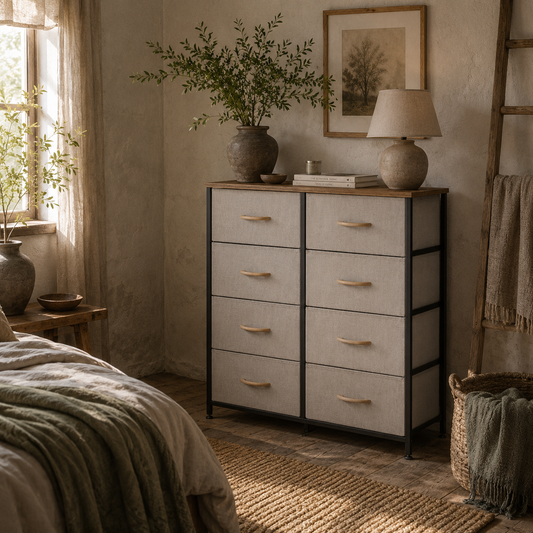 Neyo Metal And Fabric Cream White 8 Drawer Industrial Storage Dresser With Steel Frame