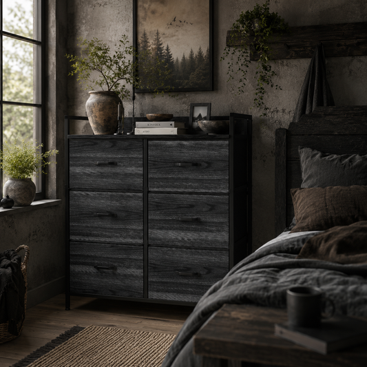 Basa Fabric And Wood Black 6 Drawer Rustic Storage Chest