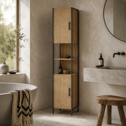 Rambette Tall Bathroom Storage Cabinet With Double Doors OFauxn Compartments And Adjustable Shelves Natural Wood Finish
