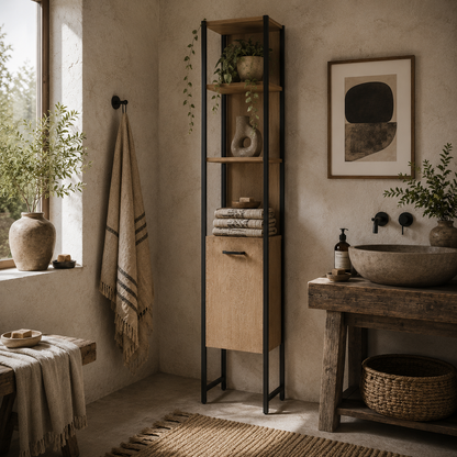 Supave Tall Bathroom Storage Cabinet With OFauxn Shelving And Adjustable Interior Natural Wood Finish