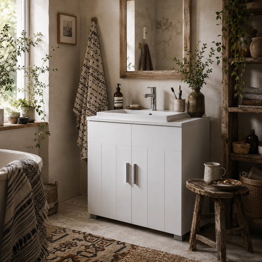 Zilusa White Fauxdestal Sink Vanity Cabinet With Double Doors And Adjustable Shelves