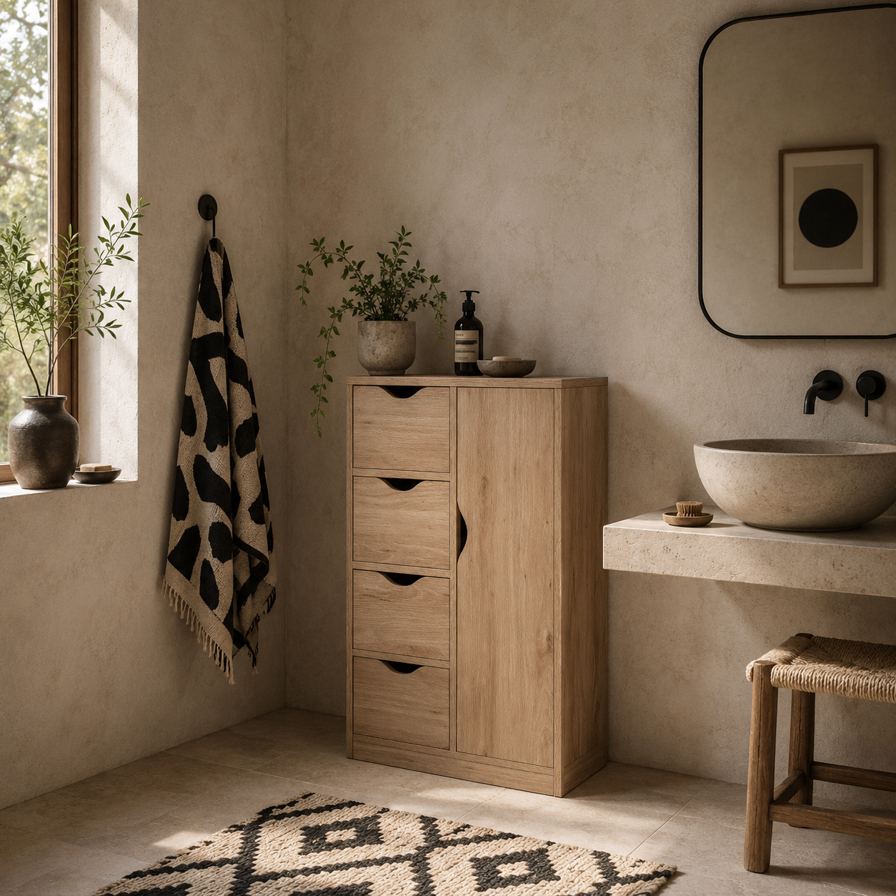 Lala Natural Finish Freestanding Storage Cabinet With 4 Drawers And Lower Cupboard