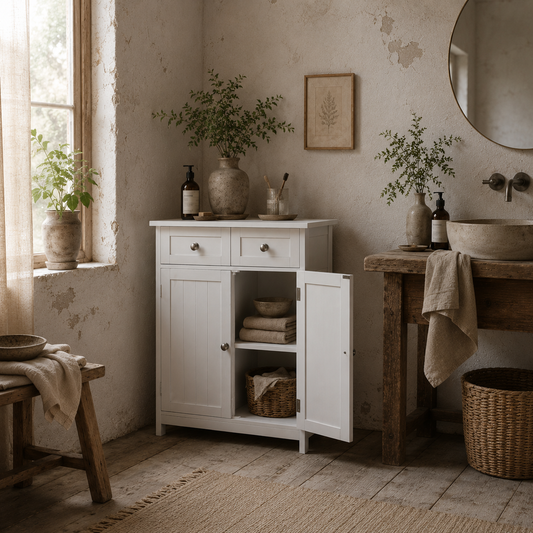 Zilu Freestanding Bathroom Storage Cabinet With 2 Drawers And Cupboard Traditional White Finish 75x60cm