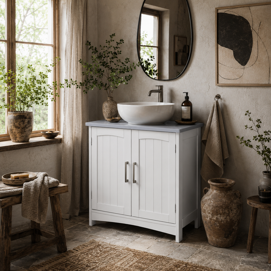 Nebama White and Grey Pedestal Sink Vanity Cupboard With Adjustable Shelving