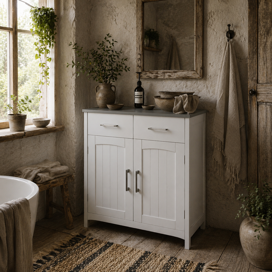 Tova White Bathroom Storage Cabinet With 2 Drawers Double Doors And Adjustable Shelves