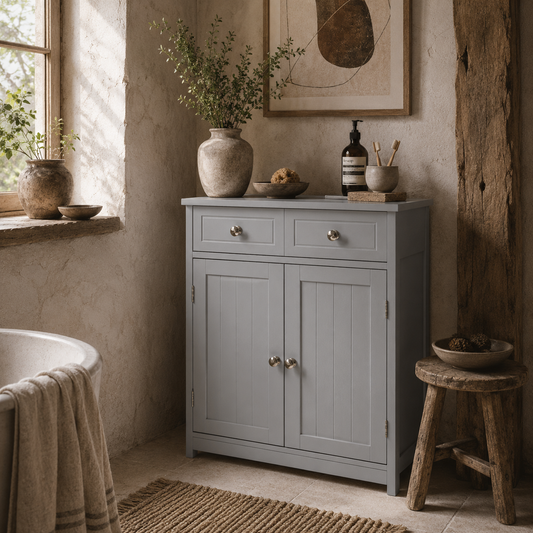 Letare Freestanding Bathroom Storage Cabinet With 2 Drawers And Cupboard Traditional Grey Finish 75x60cm
